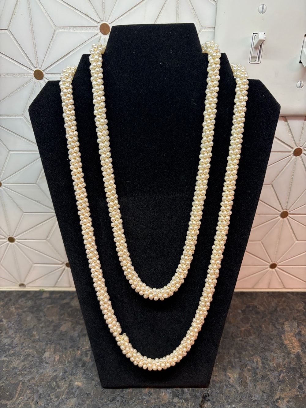 Vintage Faux Pearl Crochet Rope Necklace 50” Endless Loop Statement Necklace MCM